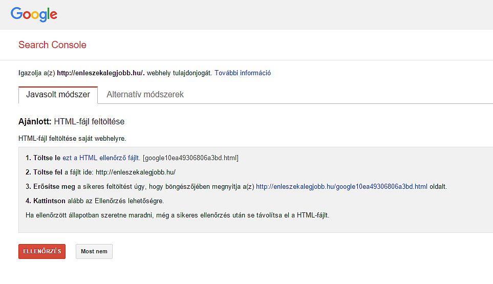 Google Search Console regisztrációs felülete